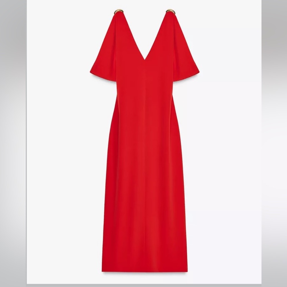 Zara NWT red midi dress with gold metal shoulder detail - Picture 5 of 6